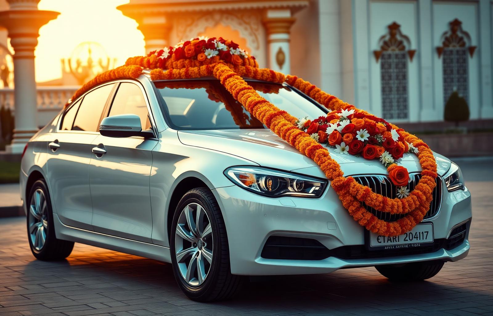 Wedding car — white sedan with floral décor